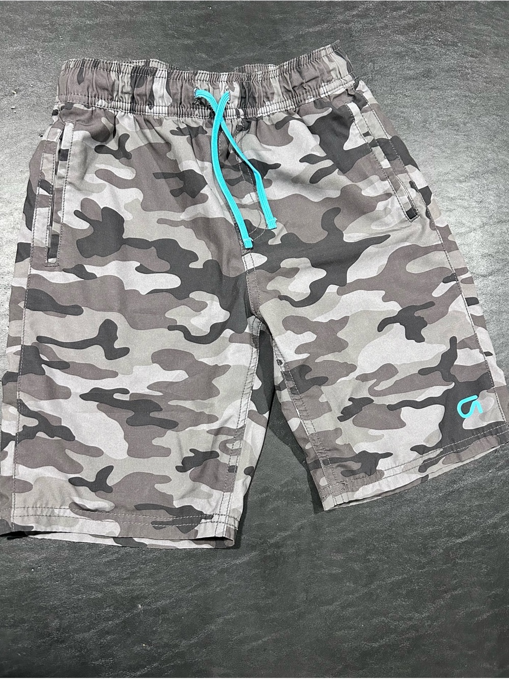 Kid’s Grey Camouflage Drawstring Shorts with Teal Accents